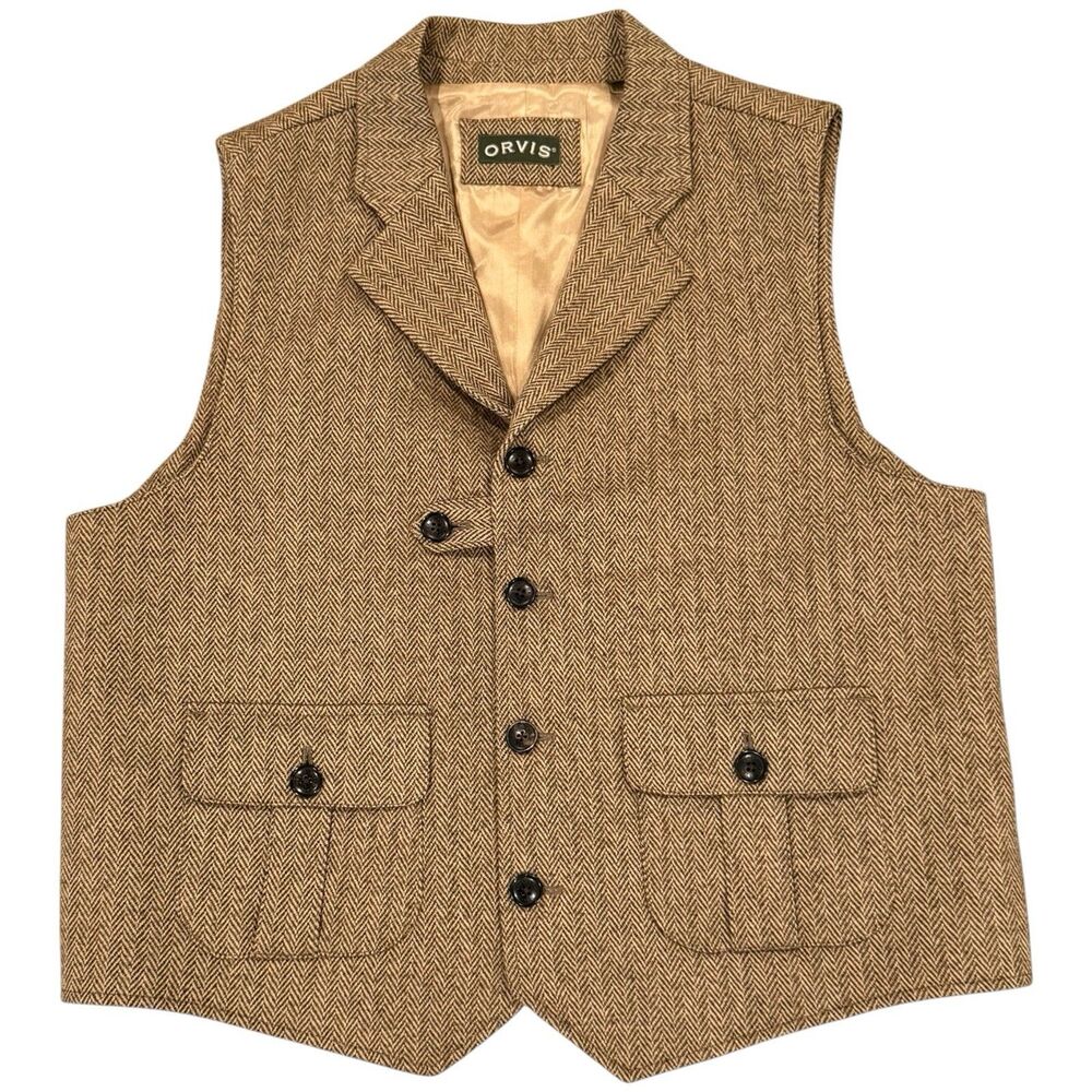 Orvis Mens Large Herringbone Wool Tweed Suit Vest Brown Hunting Waistcoat Size L